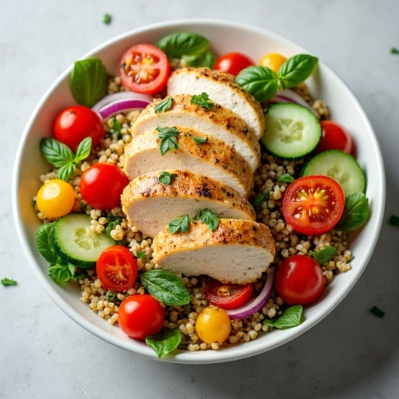 Hearty Chicken and Quinoa Salad with Crunchy Veggies and Lemon Herb Dressing