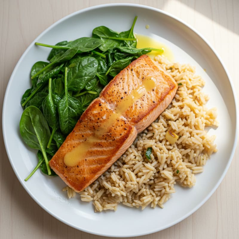 Seared Salmon Fillet with Garlic Rice and Sautéed Spinach