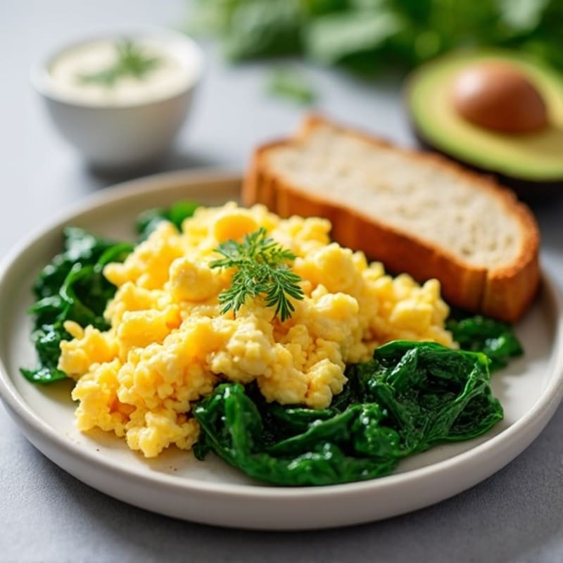 Scrambled Eggs with Cottage Cheese and Sautéed Spinach