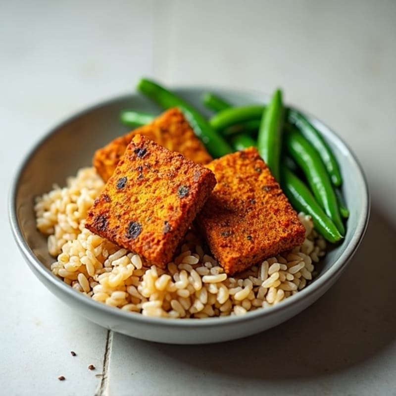Crispy Tempeh with Garlic Green Beans and Brown Rice