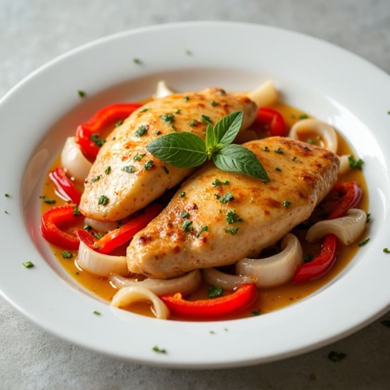 Creamy Lemon-Soy Chicken with Sautéed Bell Peppers and Onions