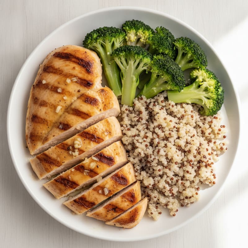 Grilled Lemon-Garlic Chicken Breast with Quinoa and Steamed Broccoli