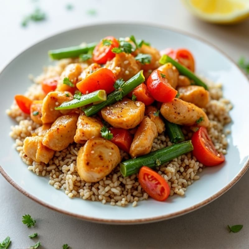 Tender Chicken and Crispy Vegetable Stir-Fry with Brown Rice