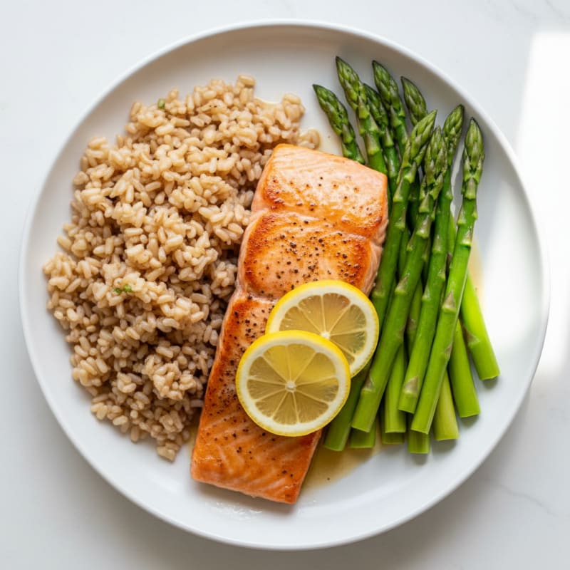 Seared Salmon with Steamed Asparagus and Brown Rice