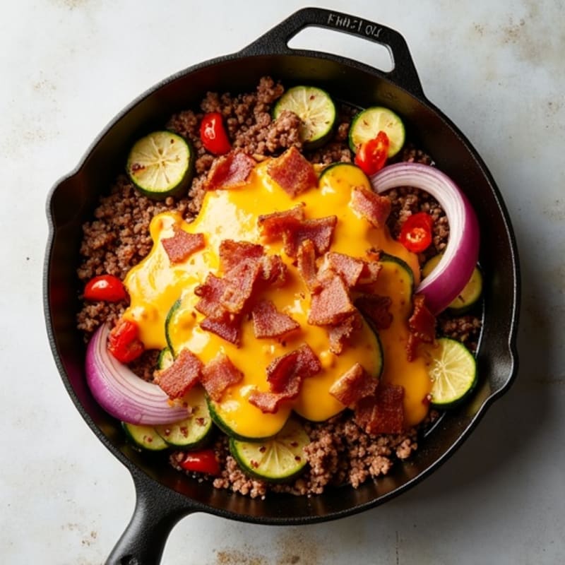 Crispy Bacon and Cheesy Lean Beef Skillet with Roasted Vegetables