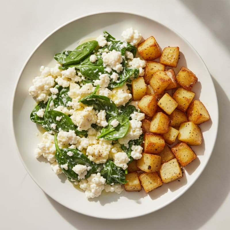 Creamy Cottage Cheese Scramble with Spinach and Roasted Potatoes