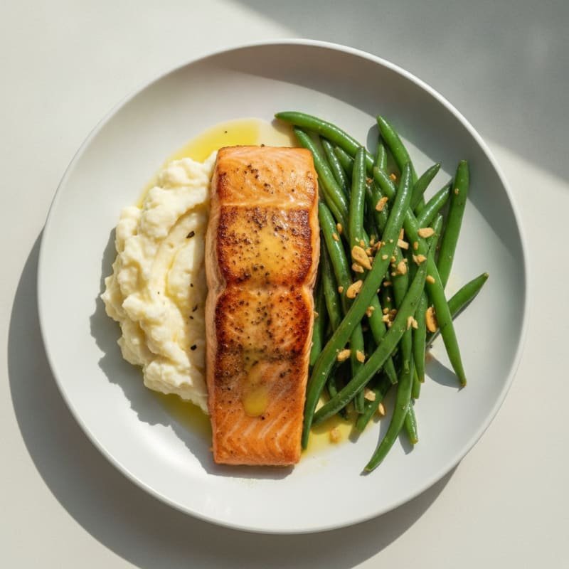 Seared Salmon with Garlic Green Beans and Mashed Cauliflower