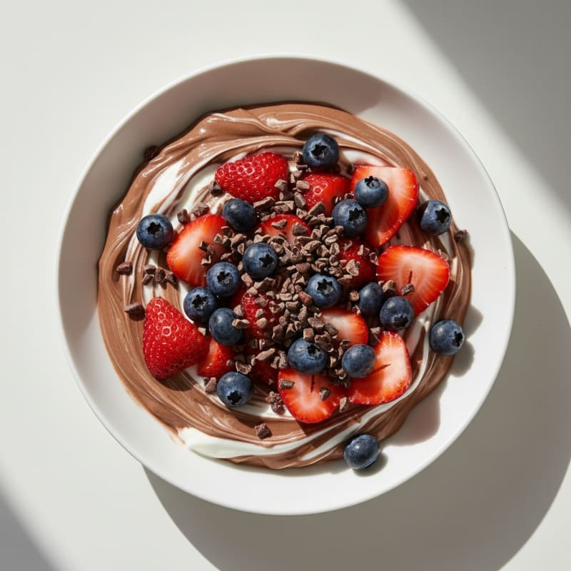 Creamy Greek Yogurt with Chocolate Protein Powder and Berries