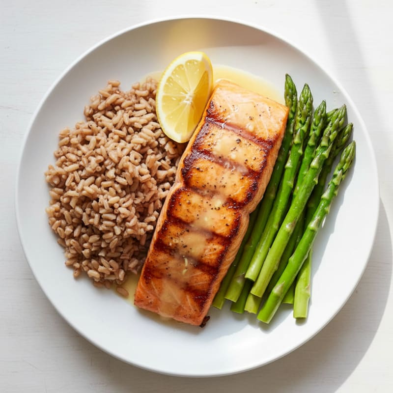 Seared Salmon with Steamed Asparagus and Brown Rice