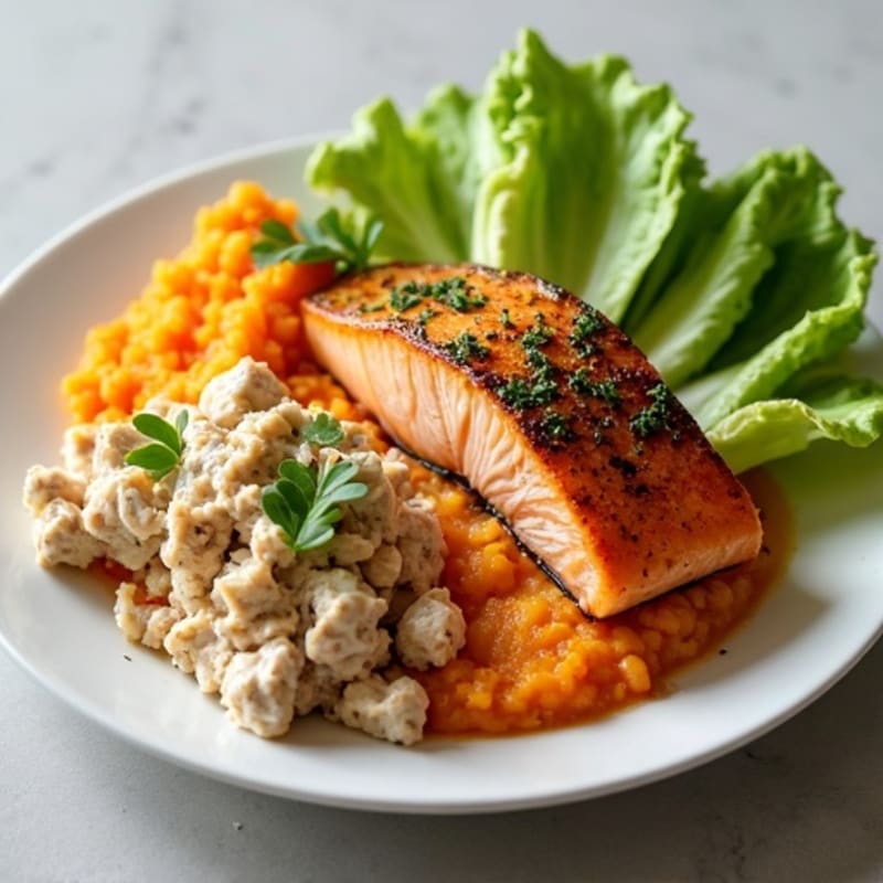 Roasted Salmon with Herb Sweet Potato Mash and Tuna Salad