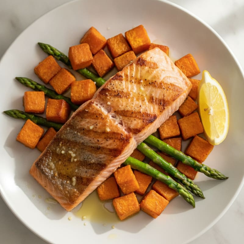 Seared Salmon Fillet with Roasted Sweet Potatoes and Asparagus