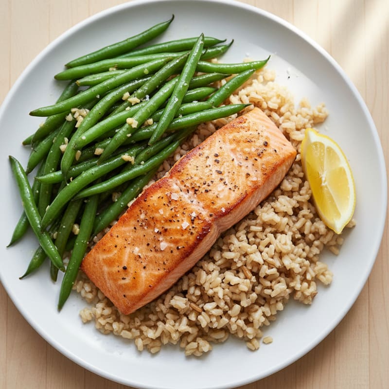 Seared Salmon with Garlic Green Beans and Brown Rice