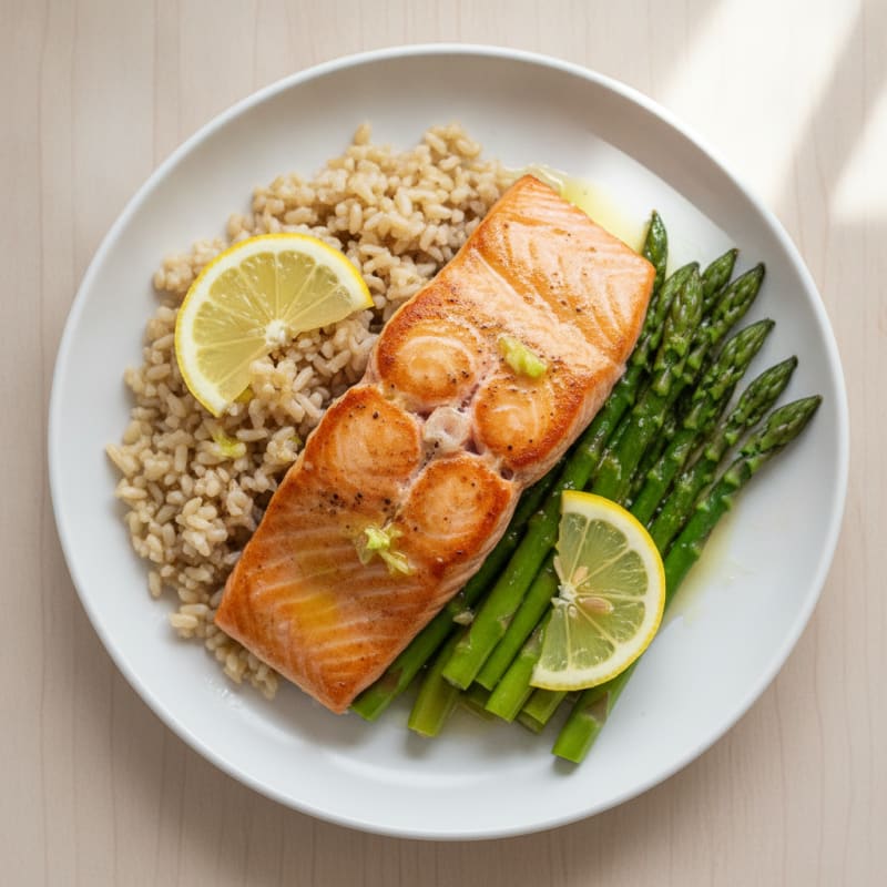 Seared Salmon with Steamed Asparagus and Brown Rice