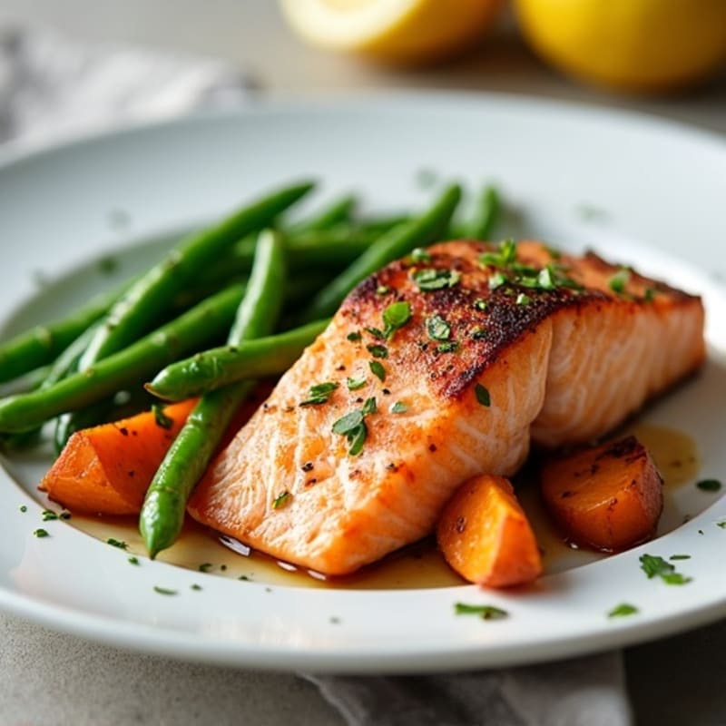 Seared Salmon with Roasted Sweet Potatoes and Green Beans