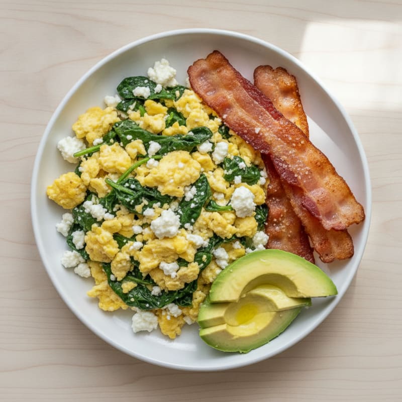 Cottage Cheese Scramble with Spinach and Turkey Bacon