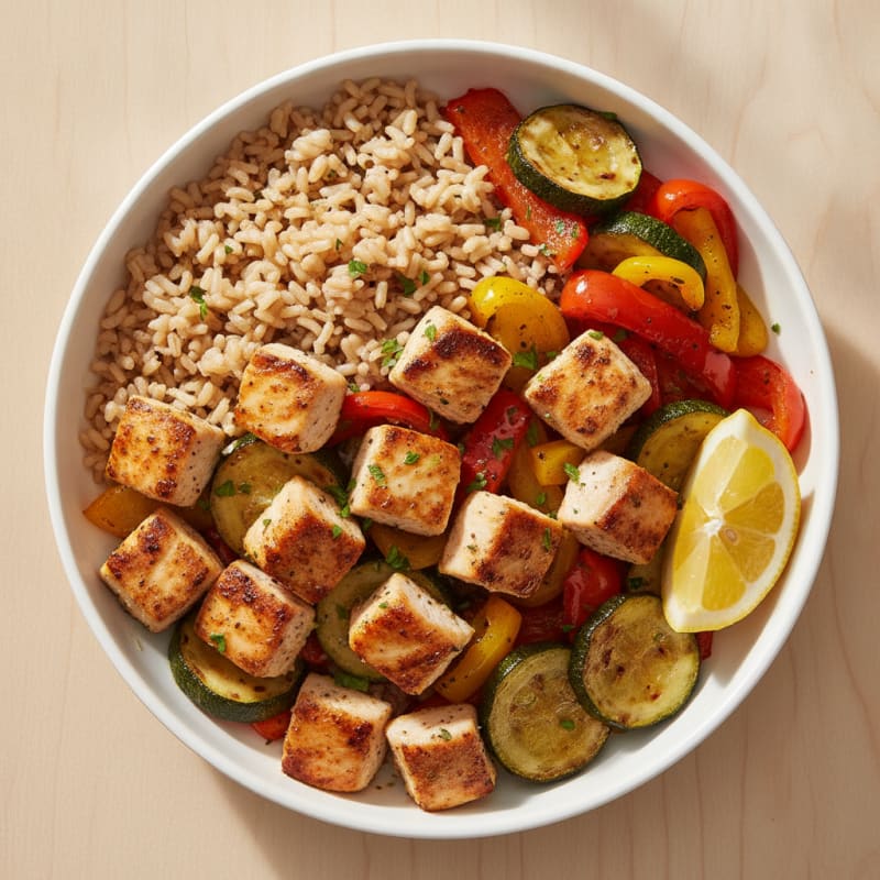Grilled Chicken and Brown Rice Bowl with Roasted Vegetables
