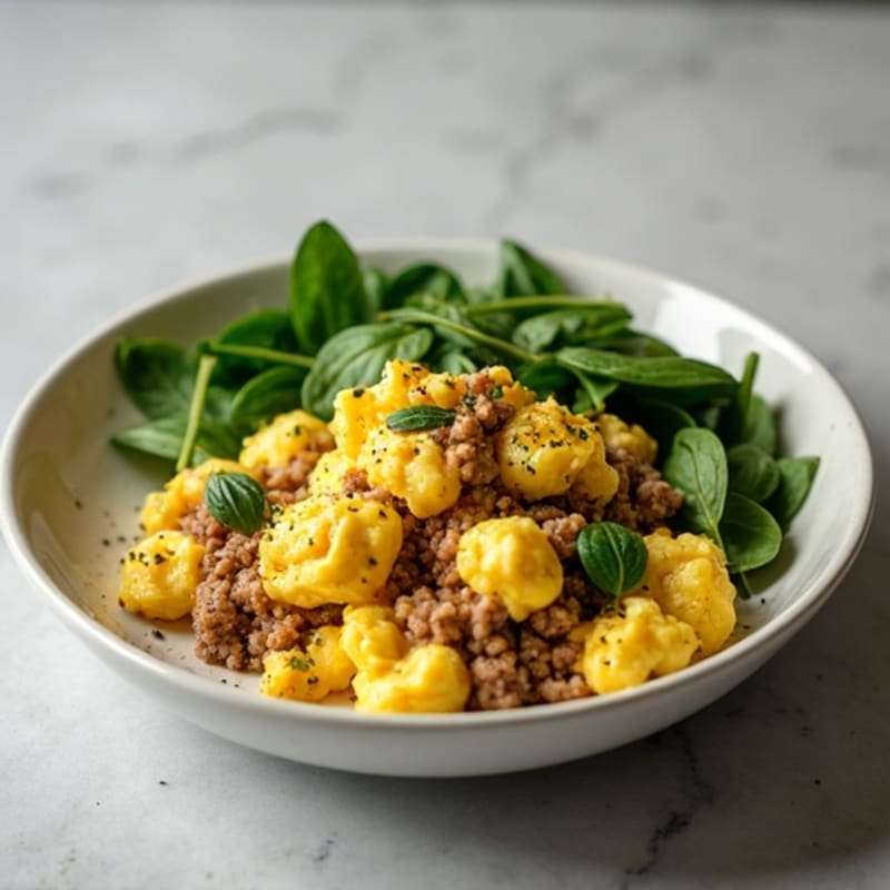 Scrambled Eggs with Ground Beef and Spinach