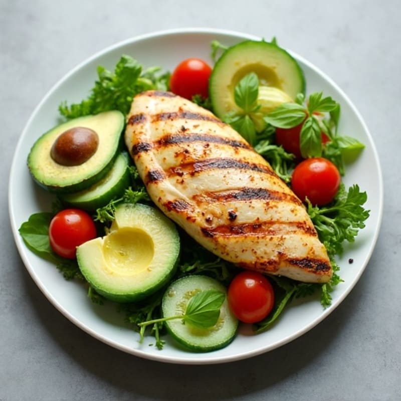 Grilled Chicken and Crisp Avocado Salad with Lemon-Herb Dressing