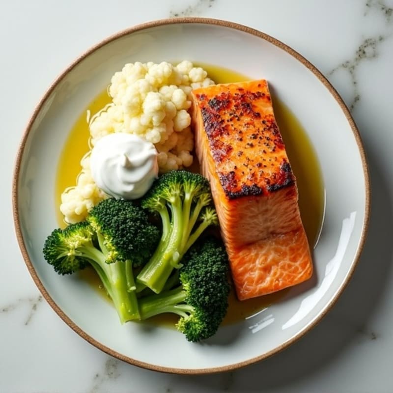 Seared Salmon with Roasted Broccoli and Cauliflower Mash