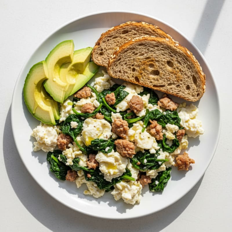 Egg White Scramble with Turkey Sausage and Sautéed Spinach