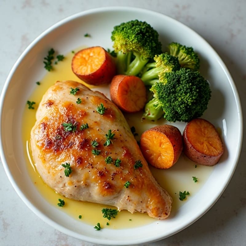 Tender Lemon-Garlic Roasted Chicken with Crispy Broccoli and Sweet Potato