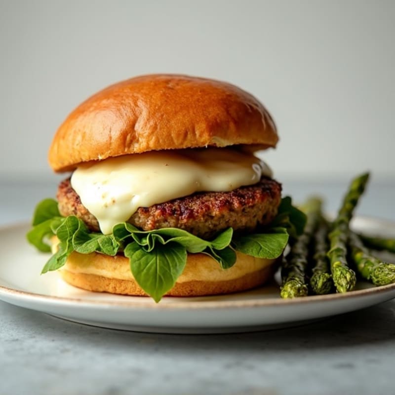 Mozzarella-Stuffed Lean Turkey Burger with Roasted Asparagus