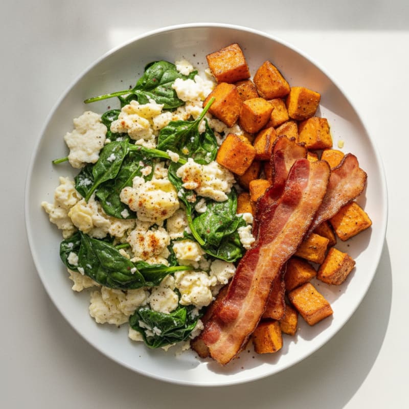 Crispy Turkey Bacon and Spinach Egg White Scramble with Roasted Sweet Potatoes