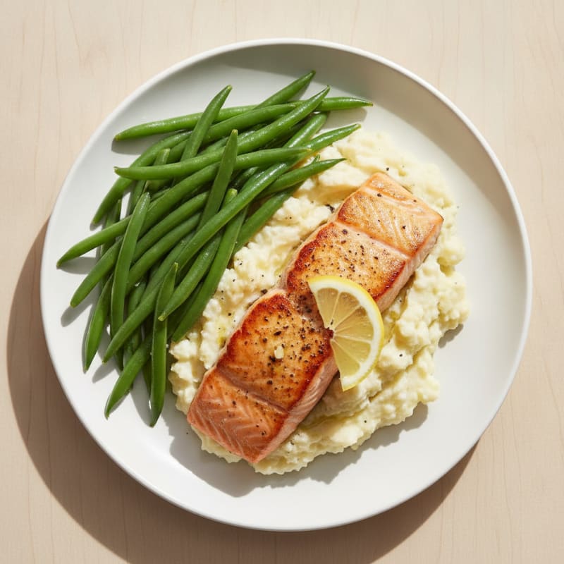 Seared Salmon with Steamed Green Beans and Garlic Mashed Cauliflower