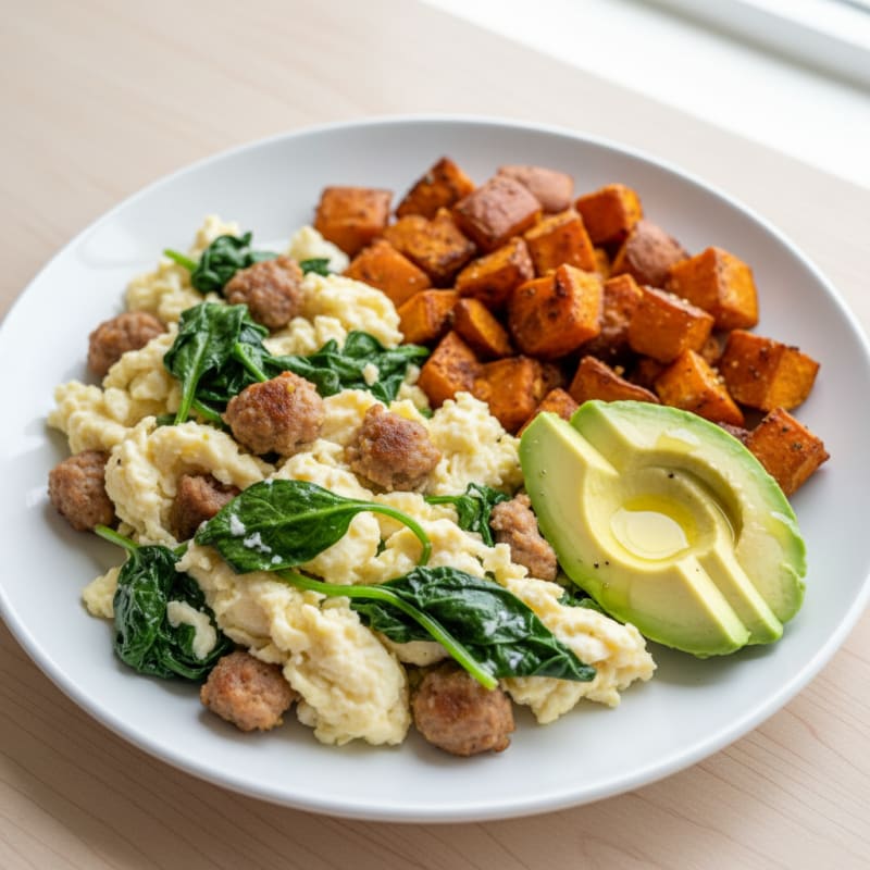 Egg White and Spinach Scramble with Turkey Sausage