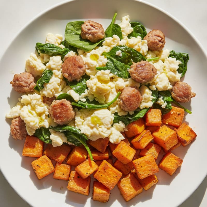 Egg White and Turkey Sausage Scramble with Spinach and Roasted Sweet Potato