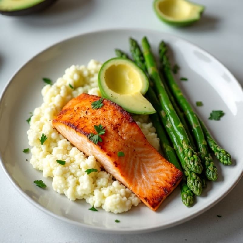 Seared Salmon with Steamed Asparagus and Cauliflower Mash
