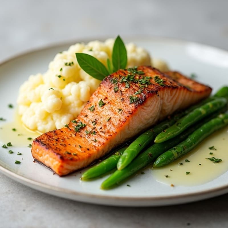 Seared Salmon with Garlic Green Beans and Cauliflower Mash