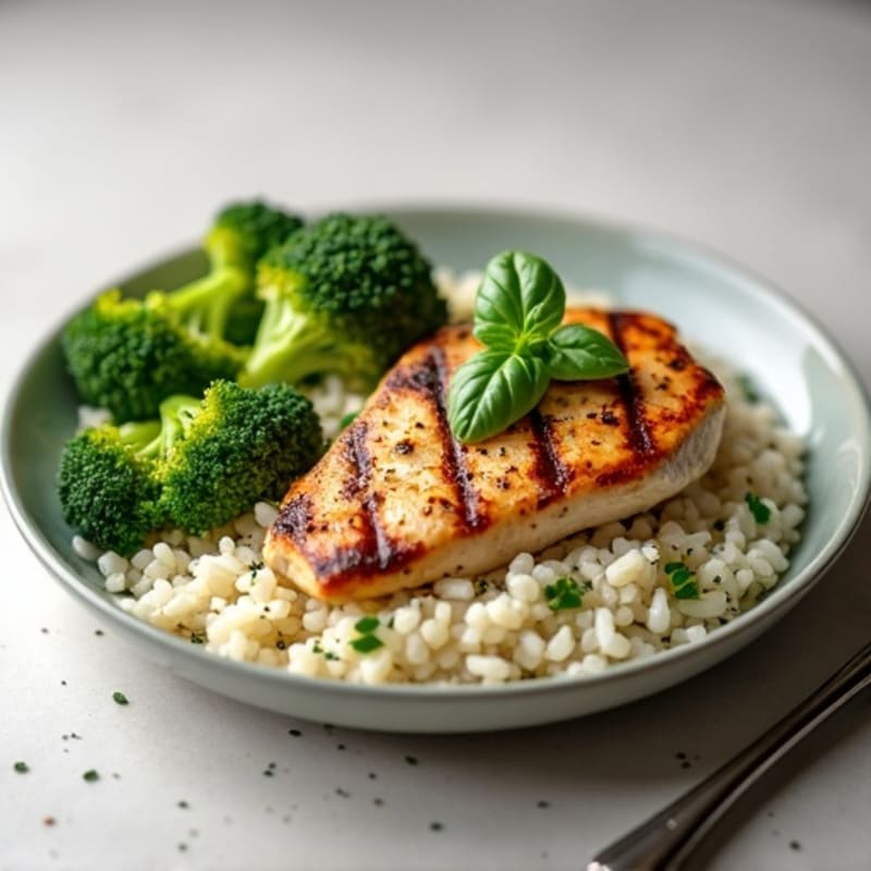 Grilled Chicken Breast over Herbed Rice and Roasted Broccoli