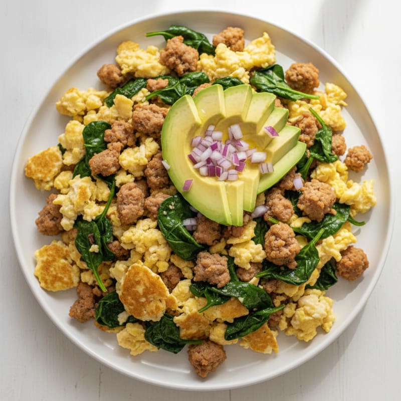 Egg White Scramble with Turkey Sausage and Sautéed Spinach