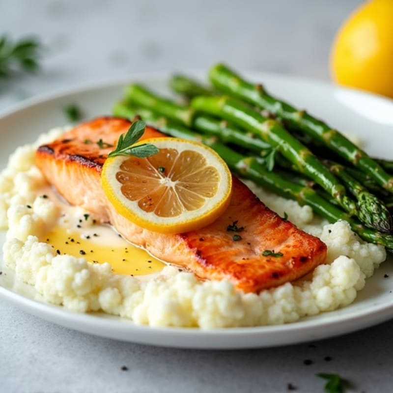 Seared Salmon Fillet with Steamed Asparagus and Cauliflower Mash