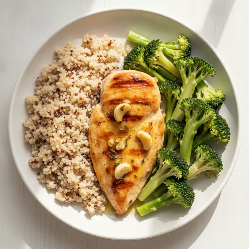 Grilled Lemon Garlic Chicken Breast with Steamed Broccoli and Quinoa