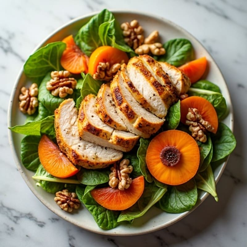 Grilled Chicken Salad with Fresh Persimmon, Toasted Walnuts, and Maple-Dijon Vinaigrette
