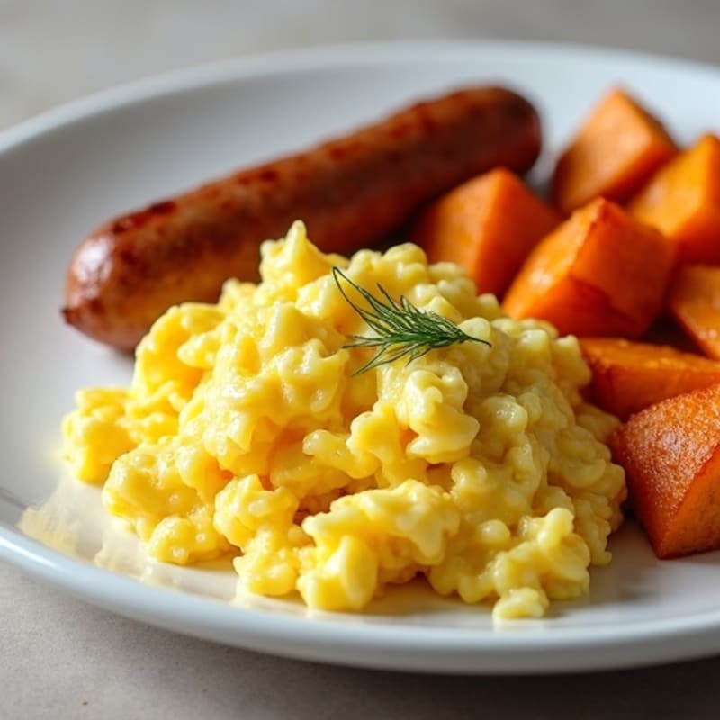 Scrambled Eggs with Chicken Sausage and Roasted Sweet Potatoes