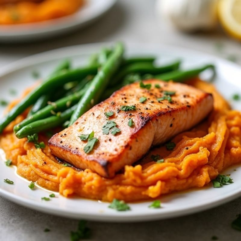 Seared Salmon with Garlic Green Beans and Sweet Potato Mash