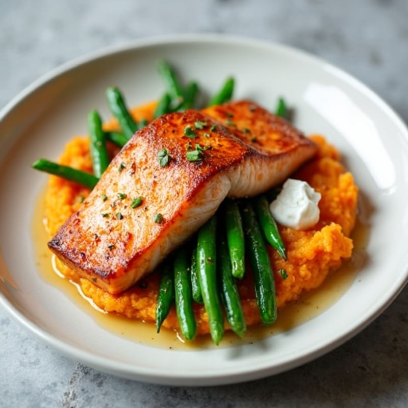 Seared Salmon with Garlic Green Beans and Sweet Potato Mash