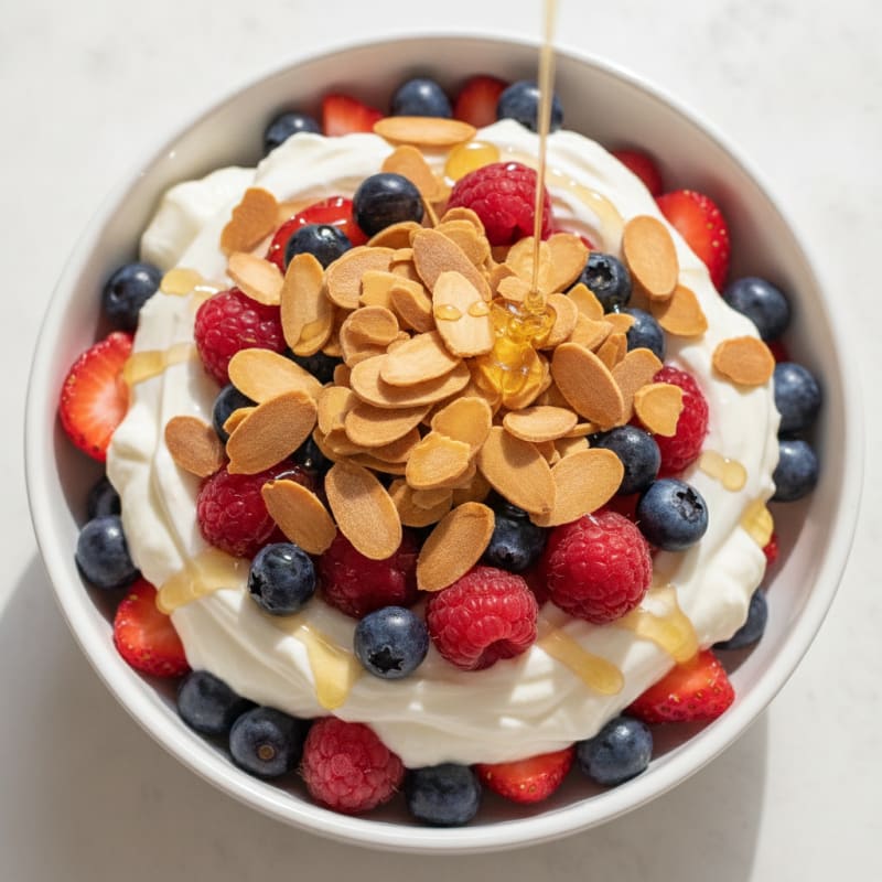 Greek Yogurt Protein Parfait with Mixed Berries and Almonds
