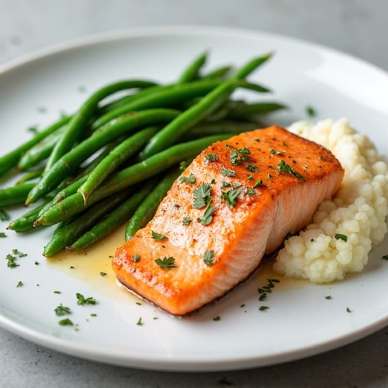 Seared Salmon Fillet with Garlic Green Beans and Cauliflower Mash