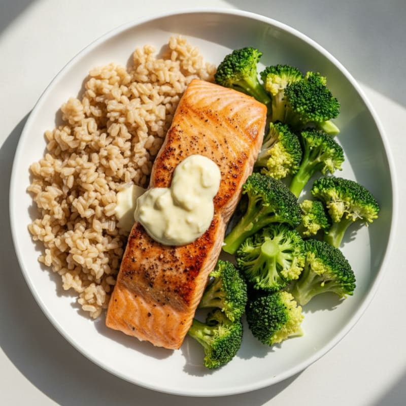 Pan-Seared Salmon with Steamed Broccoli and Brown Rice