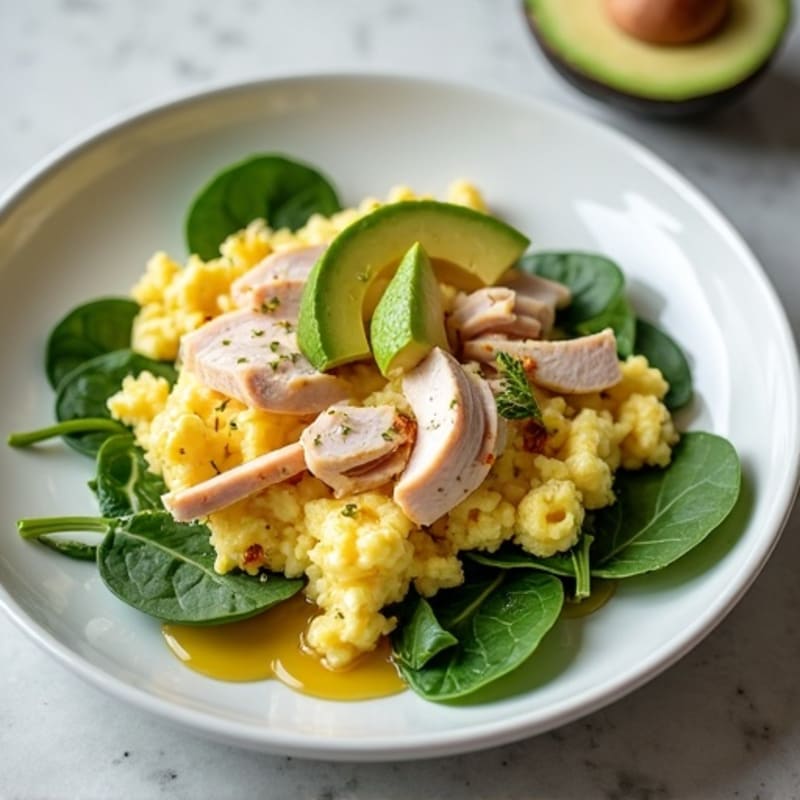 Egg White Spinach Scramble with Cottage Cheese and Sliced Turkey