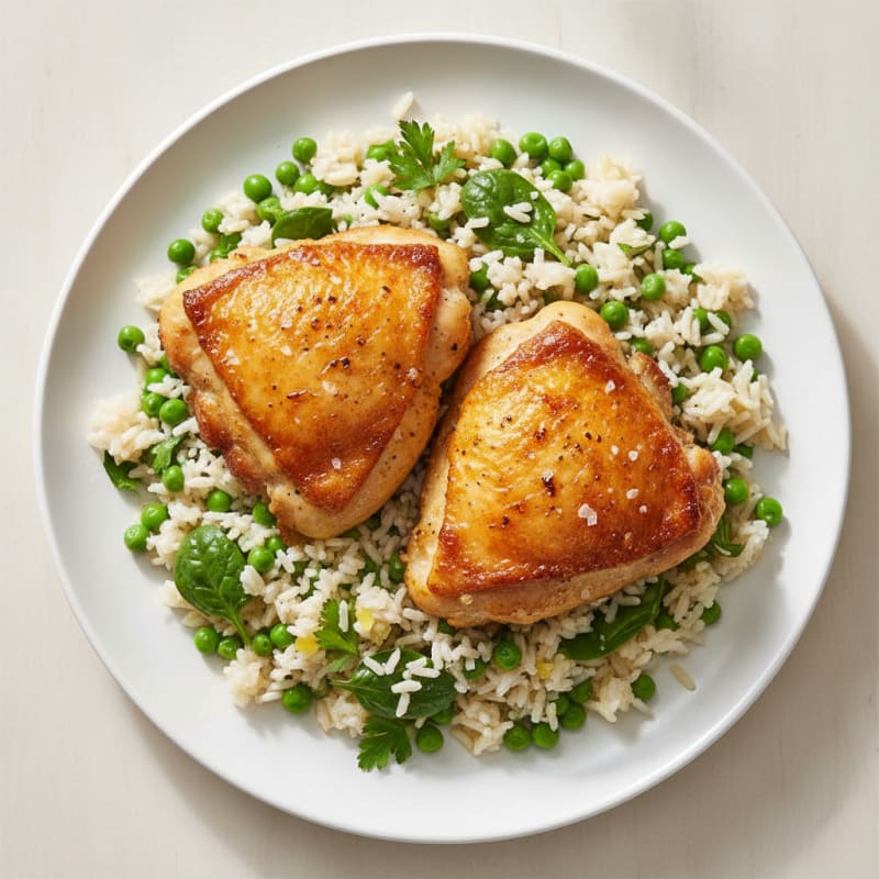Golden Crispy Chicken Thighs with Herbed Rice
