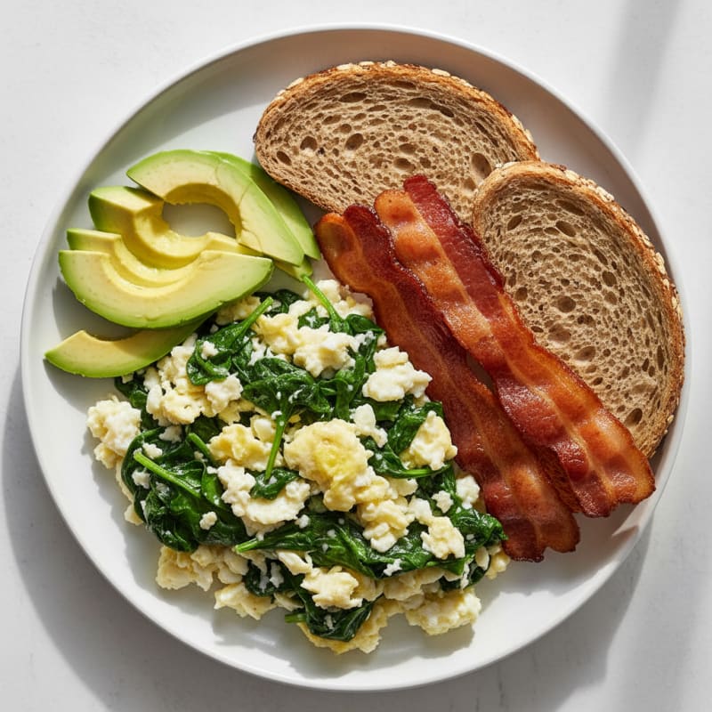 Crispy Turkey Bacon and Egg White Scramble with Sautéed Spinach