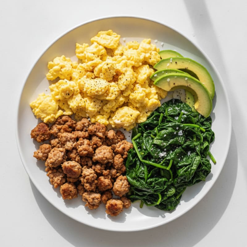 Scrambled Eggs with Turkey Sausage and Sautéed Spinach