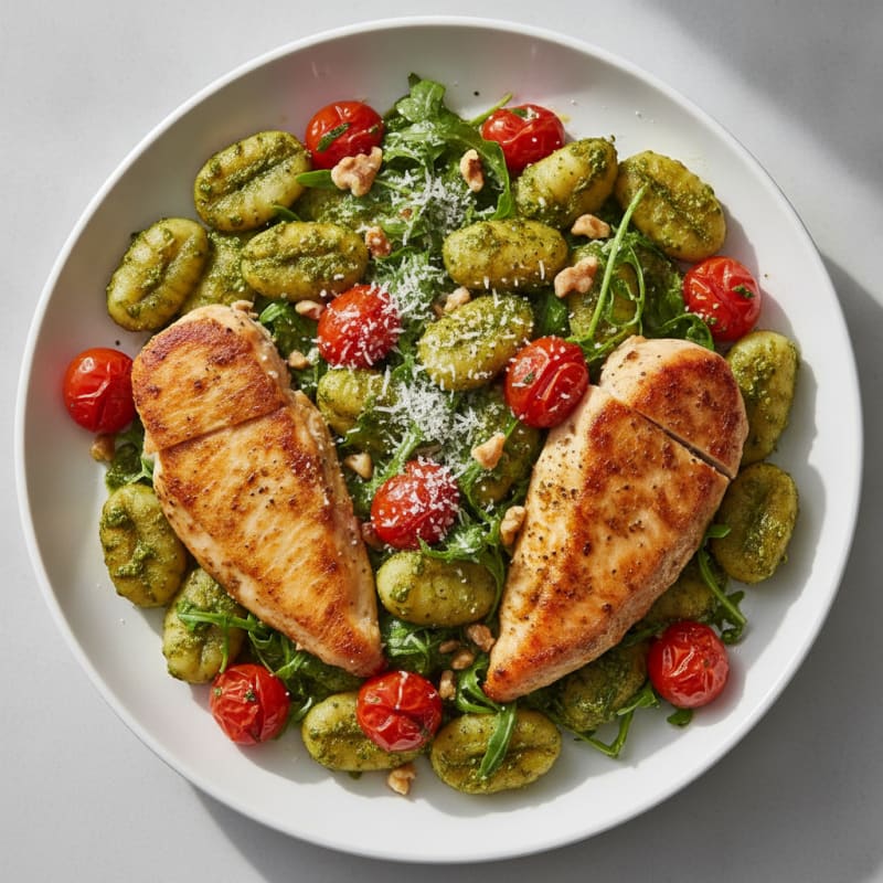Gnocchi with Arugula Pesto and Cherry Tomatoes