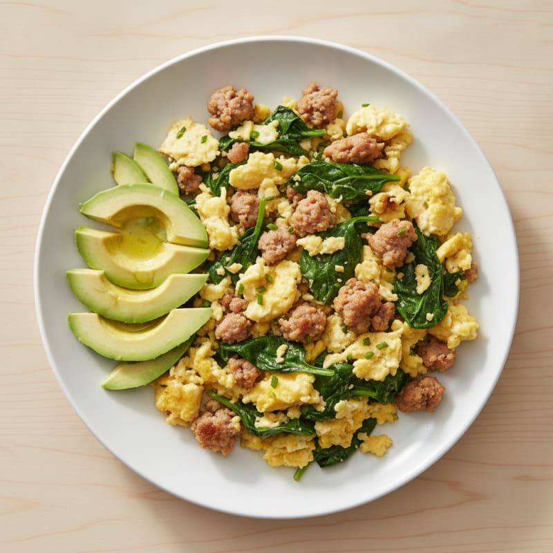 Scrambled Eggs with Turkey Sausage and Sautéed Spinach