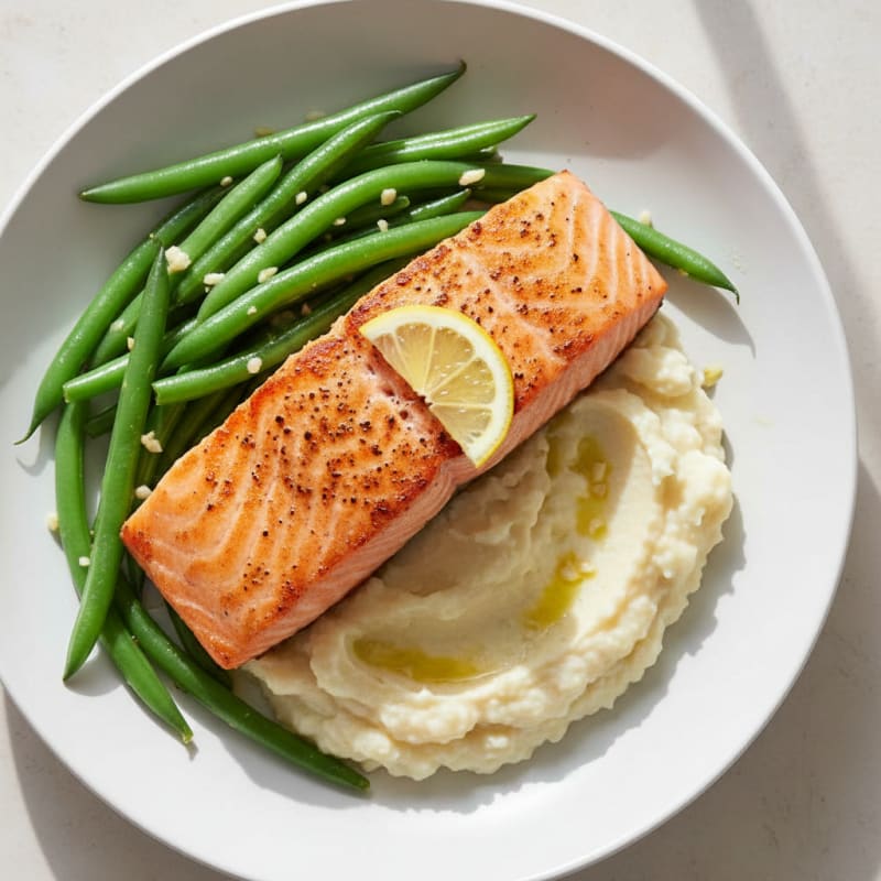 Seared Salmon with Steamed Green Beans and Cauliflower Mash